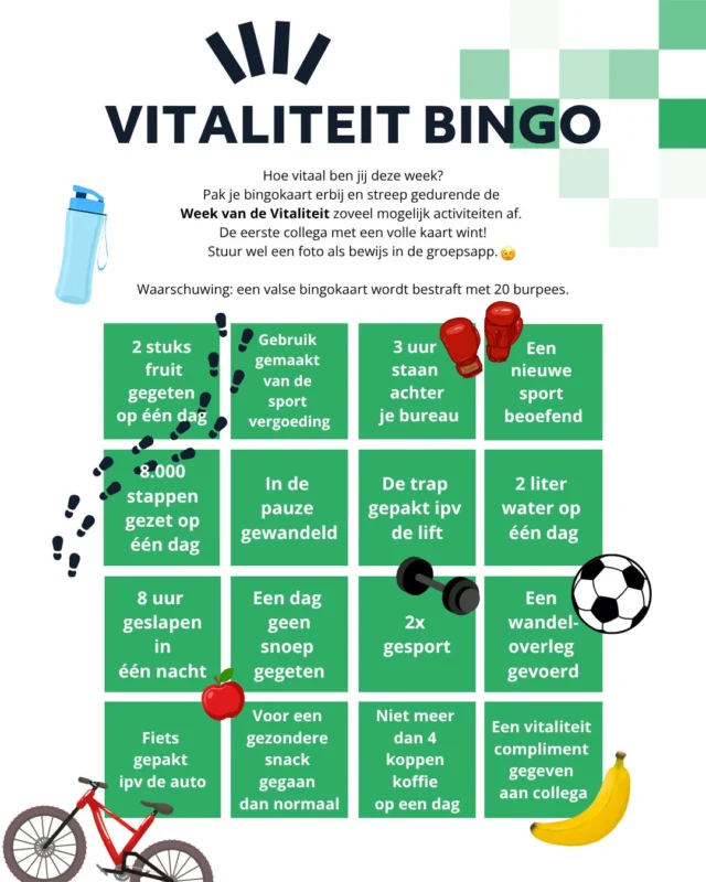 𝗛𝗼𝗲 𝘃𝗶𝘁𝗮𝗮𝗹 𝗯𝗲𝗻 𝗷𝗶𝗷 𝗱𝗲𝘇𝗲 𝘄𝗲𝗲𝗸? 💪🏼

Tijdens de Nationale Vitaliteitsweek staat vitaliteit centraal bij Subvention. Met sportieve initiatieven, flexibel werken en aandacht voor een gezonde werk-privébalans investeren we als organisatie in het welzijn van onze collega's.

Om daar deze week extra aandacht aan te geven, is een 𝗩𝗶𝘁𝗮𝗹𝗶𝘁𝗲𝗶𝘁 𝗕𝗶𝗻𝗴𝗼 ontwikkeld. Een leuke manier om stil te staan bij de eigen vitaliteit én deze week net dat extra stapje te zetten.

Doe jij ook mee? 𝗦𝗮𝗺𝗲𝗻 𝗴𝗮𝗮𝗻 𝘄𝗲 𝘃𝗼𝗼𝗿 𝘃𝗶𝘁𝗮𝗮𝗹!